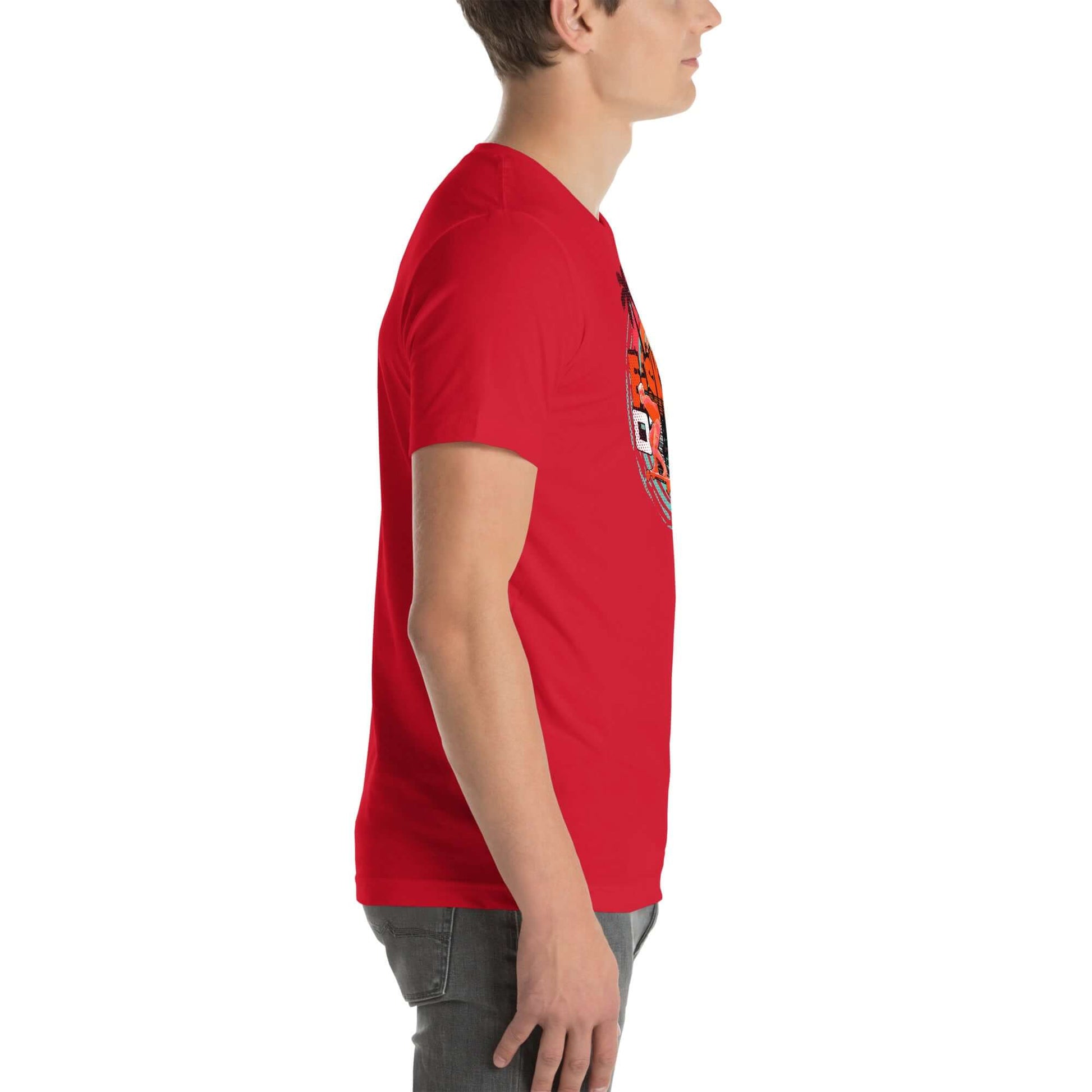 Side view of a red eSkate Life T-Shirt featuring a retro sunset design, ideal for electric skateboarding enthusiasts who love tropical vibes.