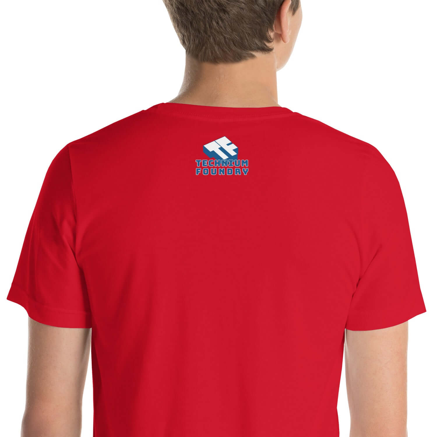 Back view of a red t-shirt with Technikum Foundry logo, from the Observable and Single collection.