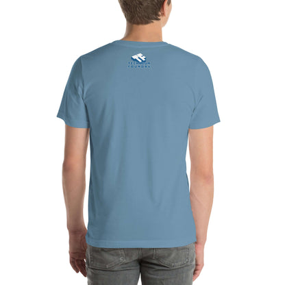 Back view of blue Observable and Single T-Shirt featuring bold typography for quantum mechanics enthusiasts.