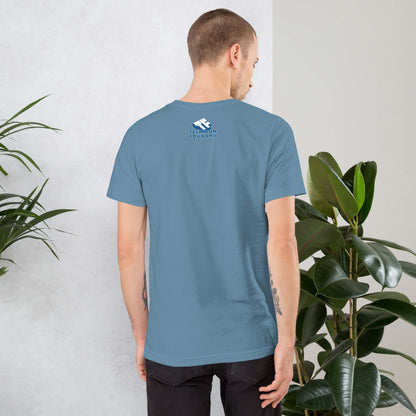 Man wearing blue E-SK8 Till My Battery Dies T-shirt by plants, showcasing back design.