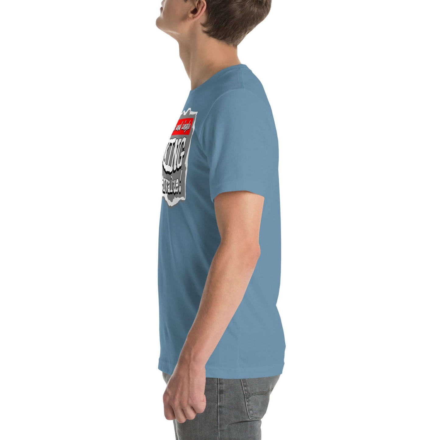 Side view of a blue T-shirt with "Observable and Single" quantum mechanics dating profile graphic, worn by a person.