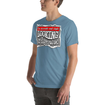 Blue t-shirt with 'Observable and Single, Looking for Eigenvalue' text, perfect for quantum mechanics enthusiasts.