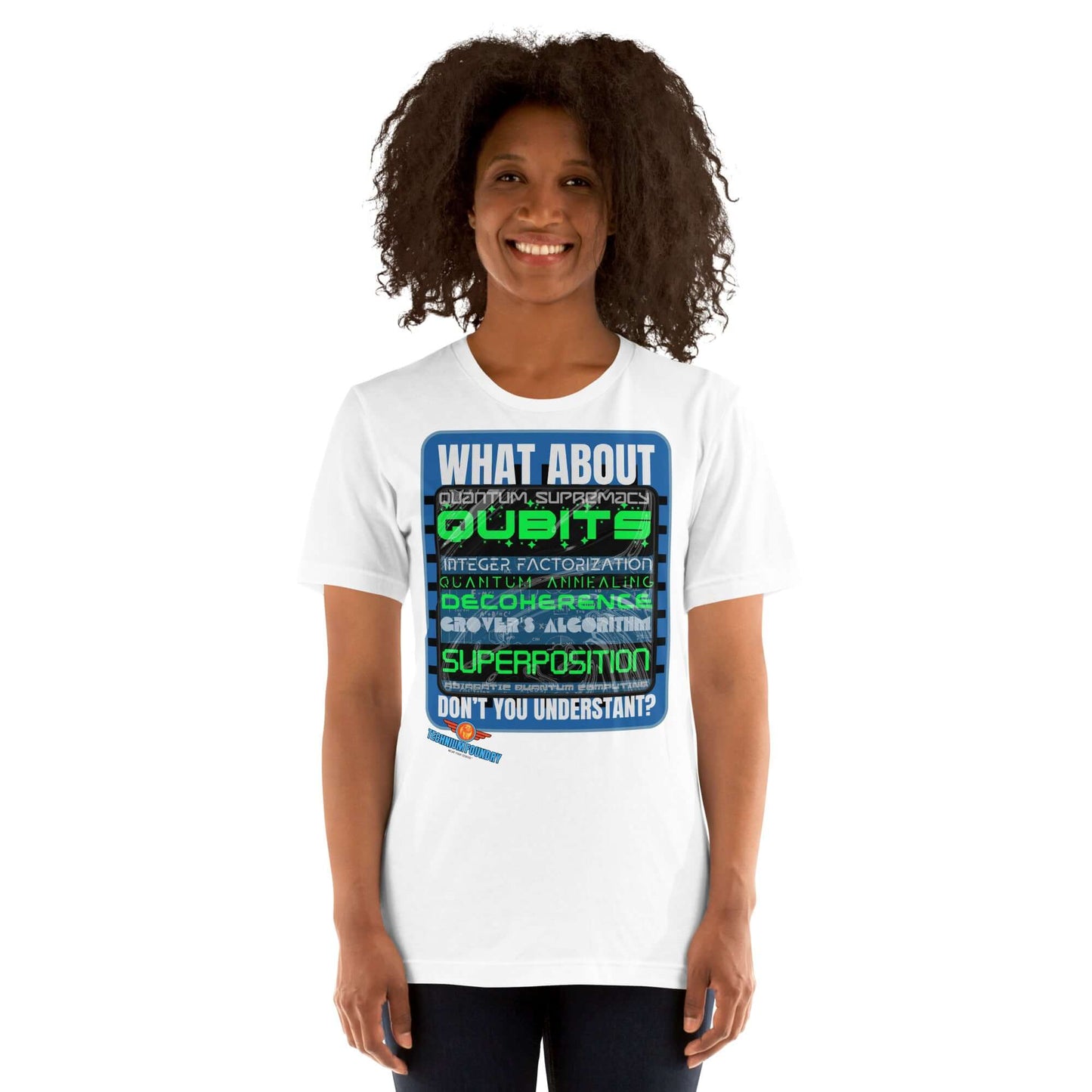 Woman wearing a "What About Quantum Supremacy?" tee featuring quantum computing concepts in colorful text design.