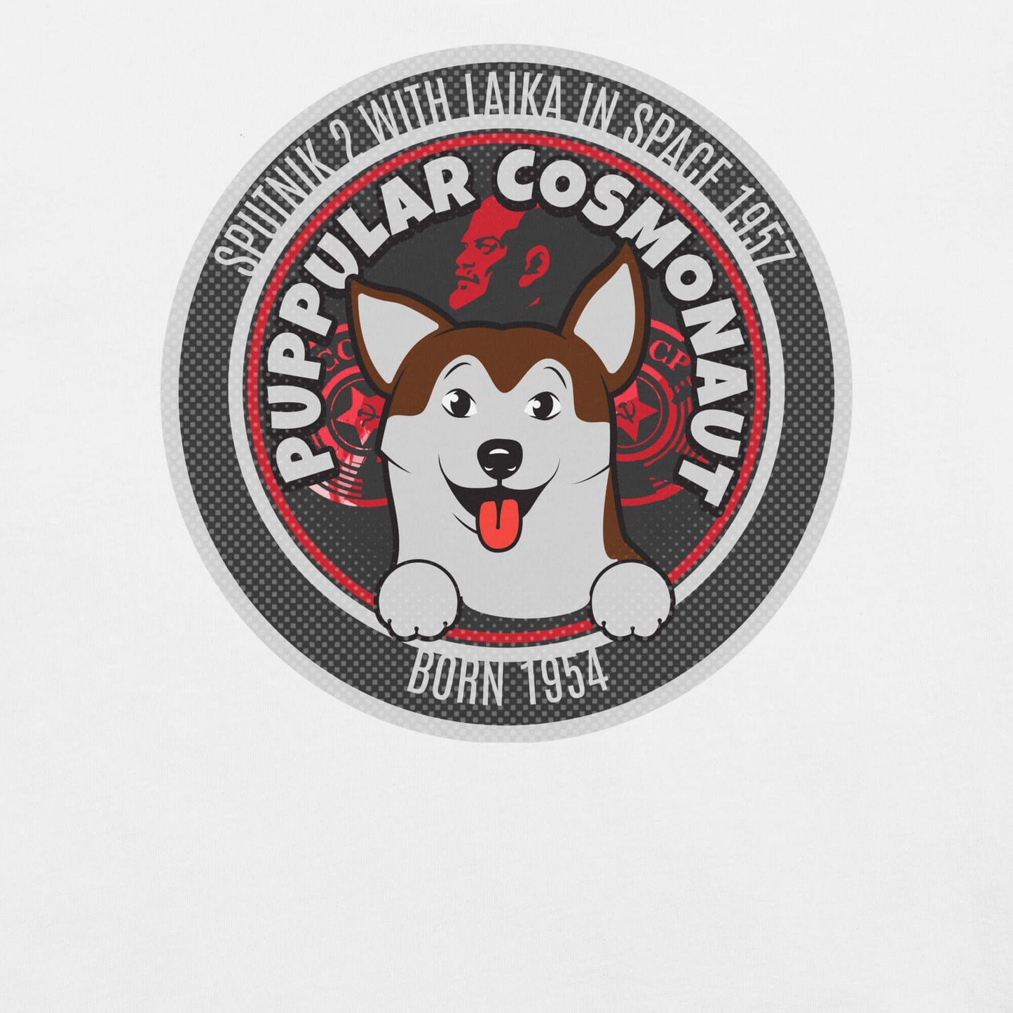 Puppular Cosmonaut T-Shirt featuring Laika, celebrating space history with retro canine emblem design.