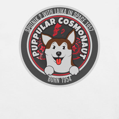 Puppular Cosmonaut T-Shirt featuring Laika, celebrating space history with retro canine emblem design.