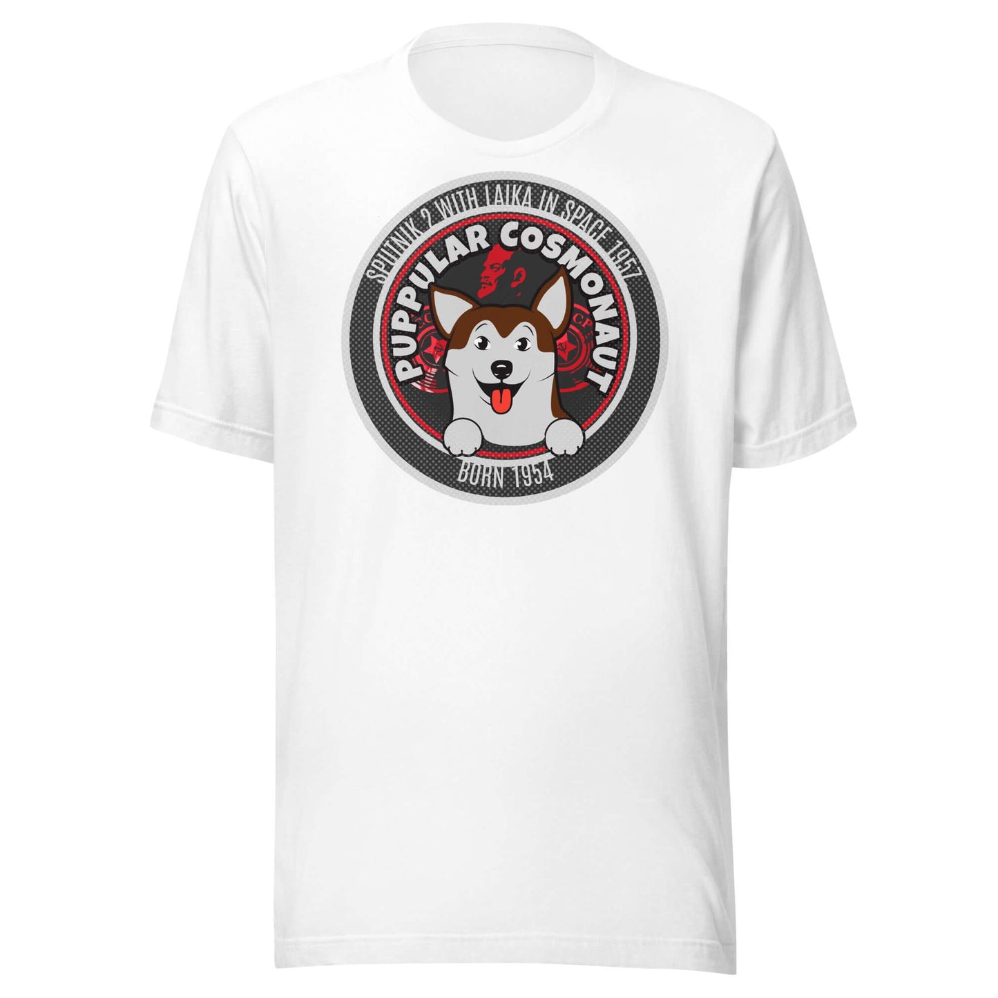 Puppular Cosmonaut T-Shirt featuring Laika, the space dog, with a retro emblem design celebrating cosmic exploration and canine spirit.