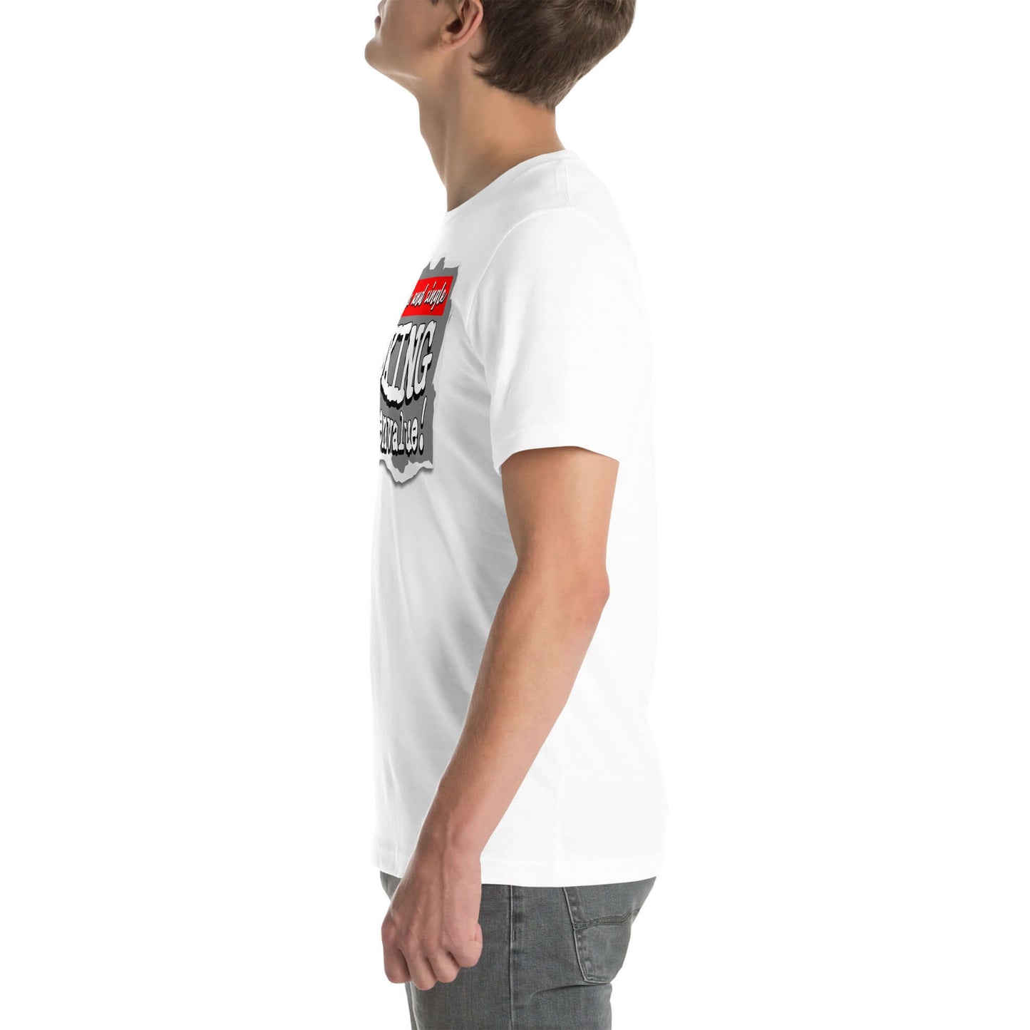 Side view of a man wearing a white 'Observable and Single' T-shirt with bold typography design, inspired by quantum mechanics.