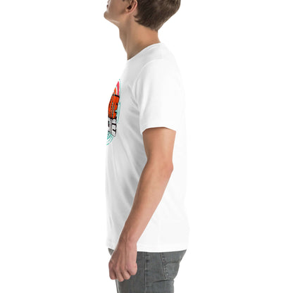 Side view of a person wearing an eSkate Life T-Shirt with a retro sunset design, blending tropical vibes with electric skateboarding theme.