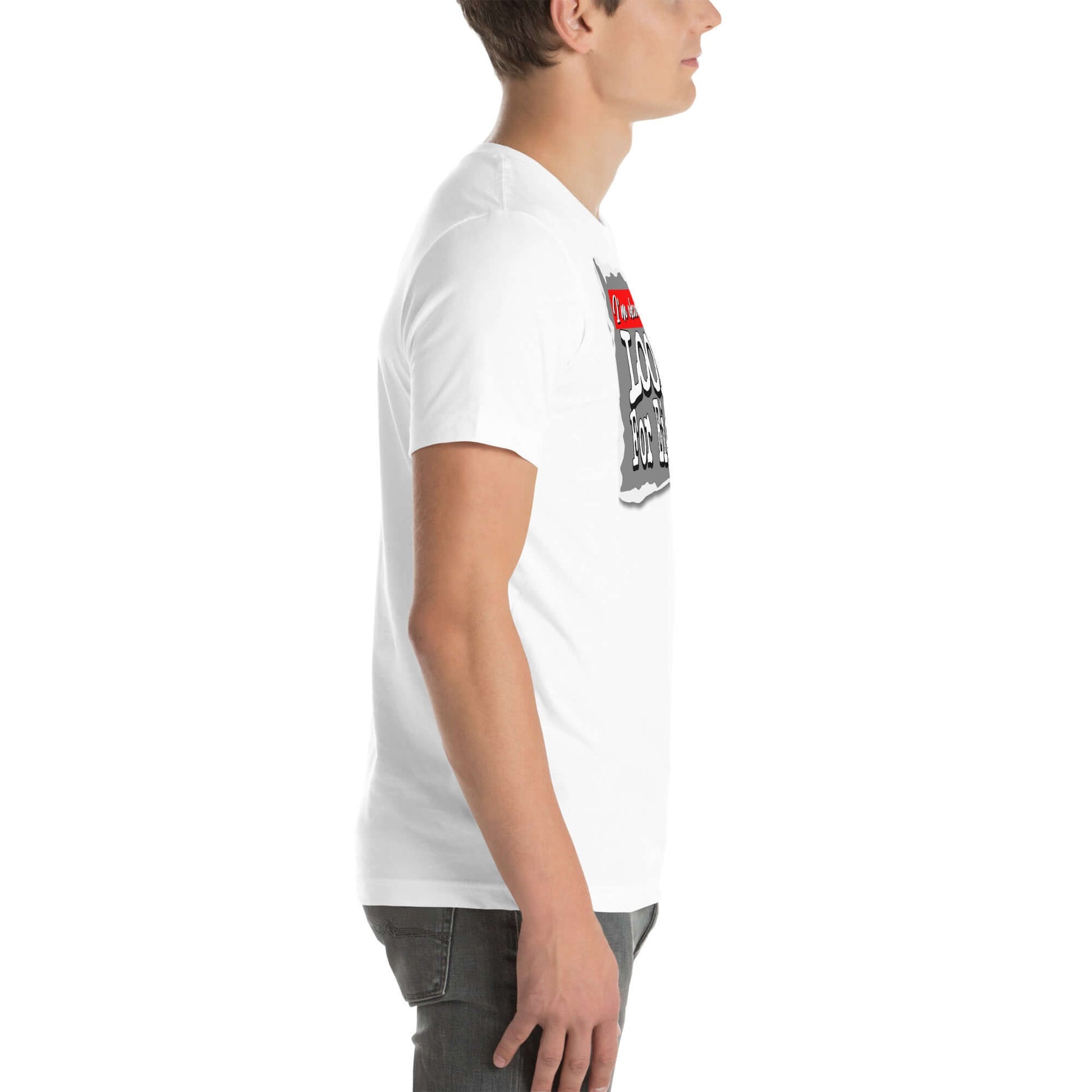 White t-shirt with quantum mechanics themed design and bold typography, modeled by a person in side view.