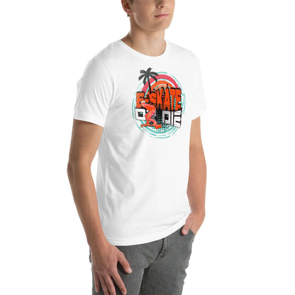 Man wearing eSkate Life T-Shirt featuring a retro sunset and palm trees design, symbolizing electric skateboarding and tropical vibes.