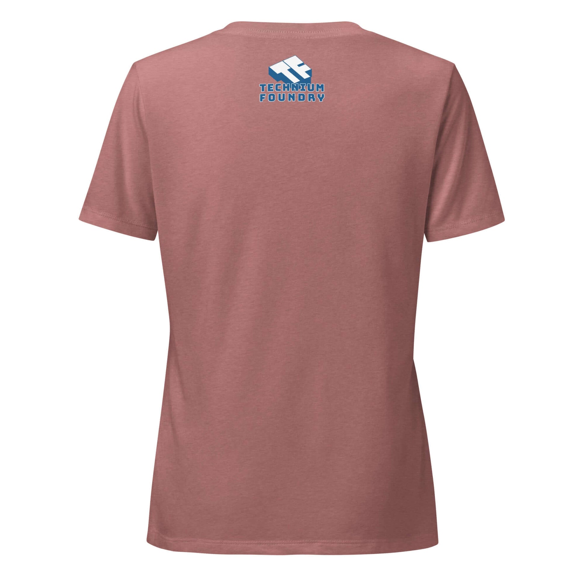 Back view of a women's dusty rose T-shirt with "Technicum Foundry" logo on the upper back.