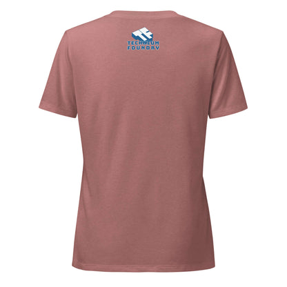 Back view of a women's dusty rose T-shirt with "Technicum Foundry" logo on the upper back.