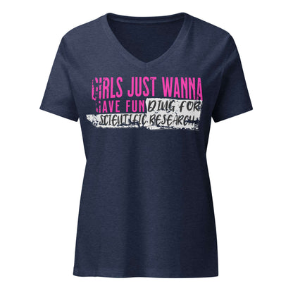 Girls Just Wanna Do Science T-Shirt with pink and black text design, featuring 'Girls Just Wanna Have Fun...Doing Scientific Research' on navy fabric.