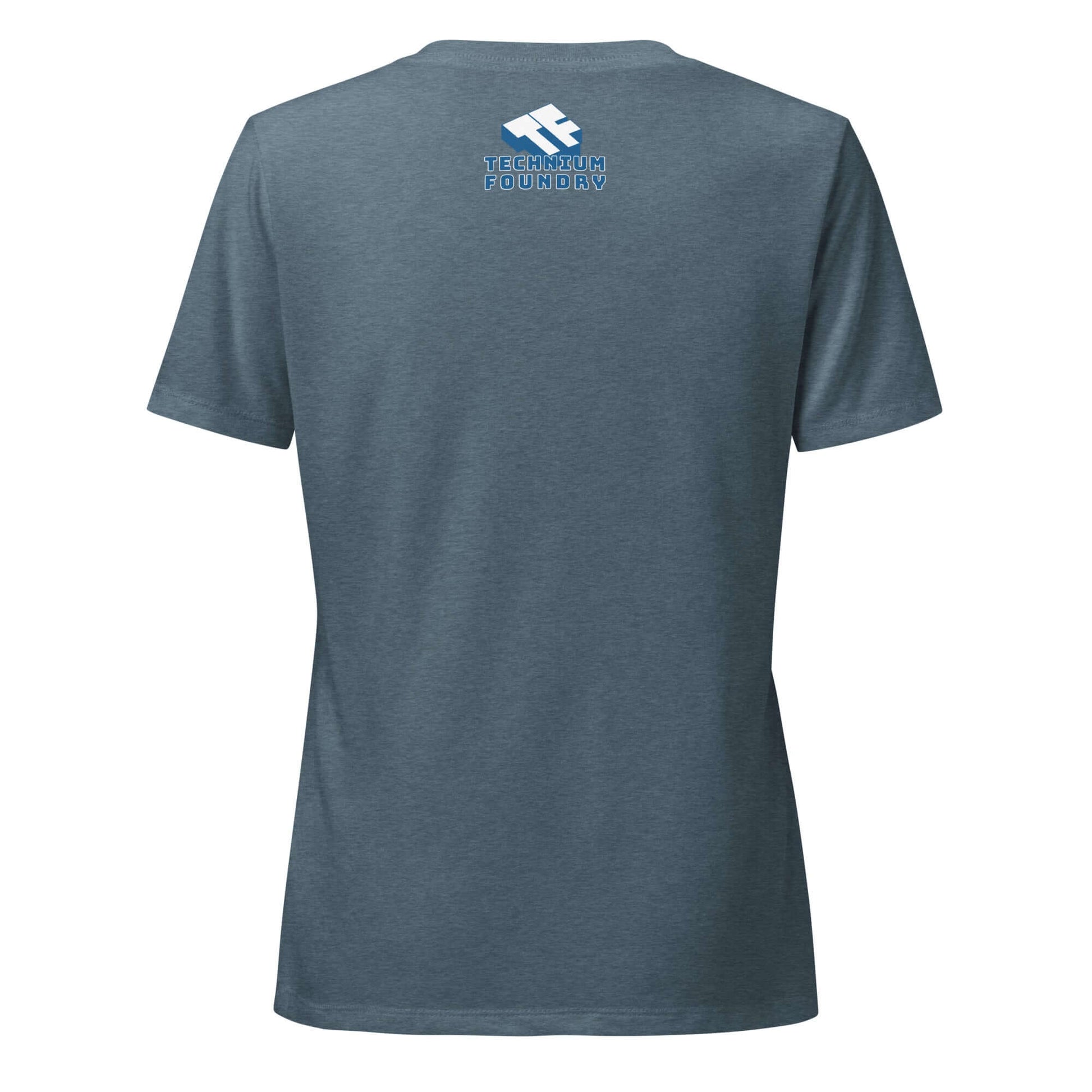 Back view of a blue women's t-shirt with a "Technium Foundry" logo on the upper back.