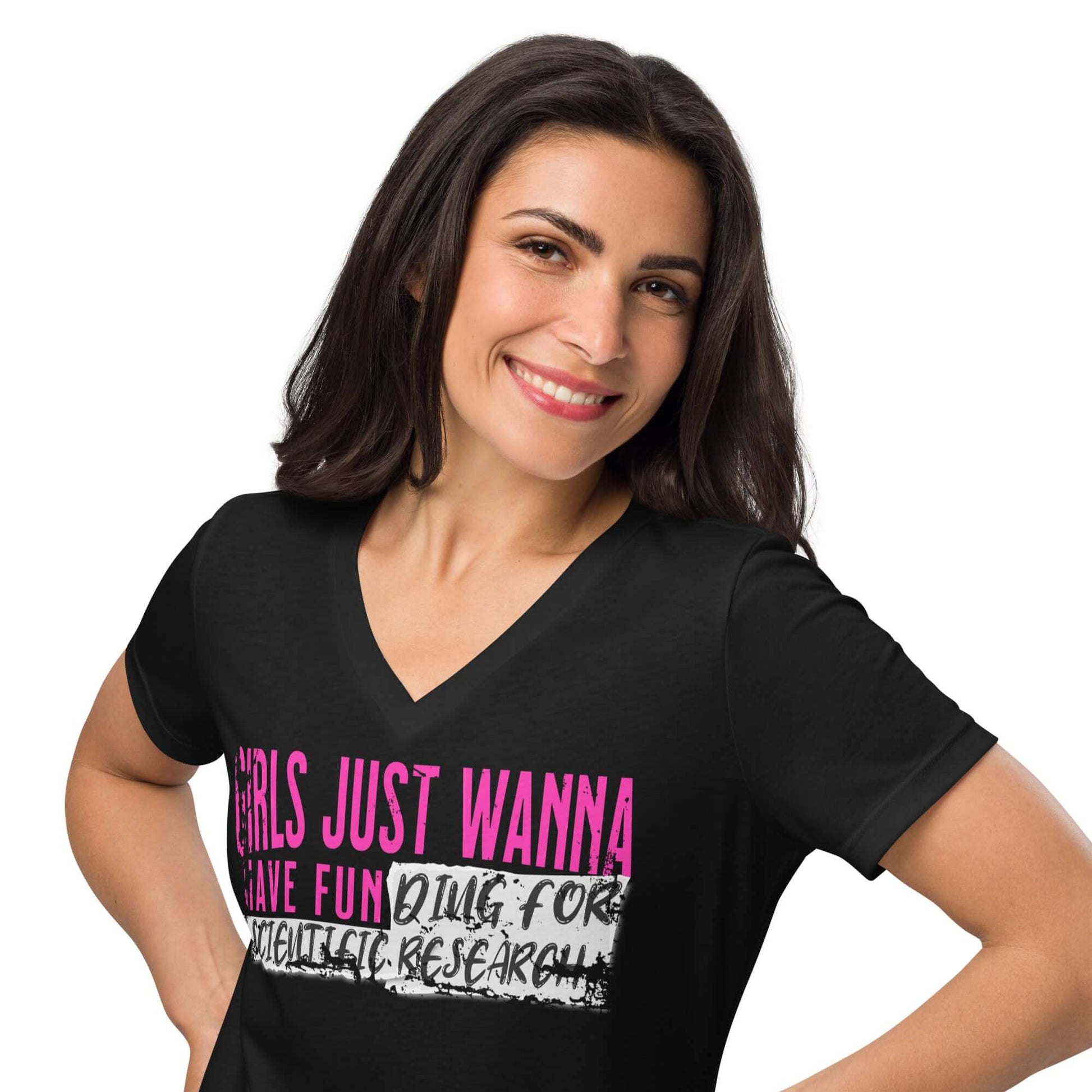 Woman wearing a "Girls Just Wanna Do Science" black t-shirt with pink text design.