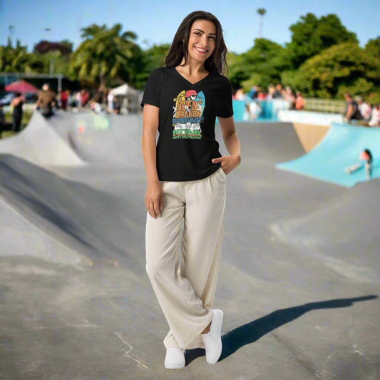 Women’s relaxed v-neck Agent Orange Kona Skatepark Concert Tee Color: Solid Black Blend V-neck Size: S Apparel & Accessories Technium Foundry