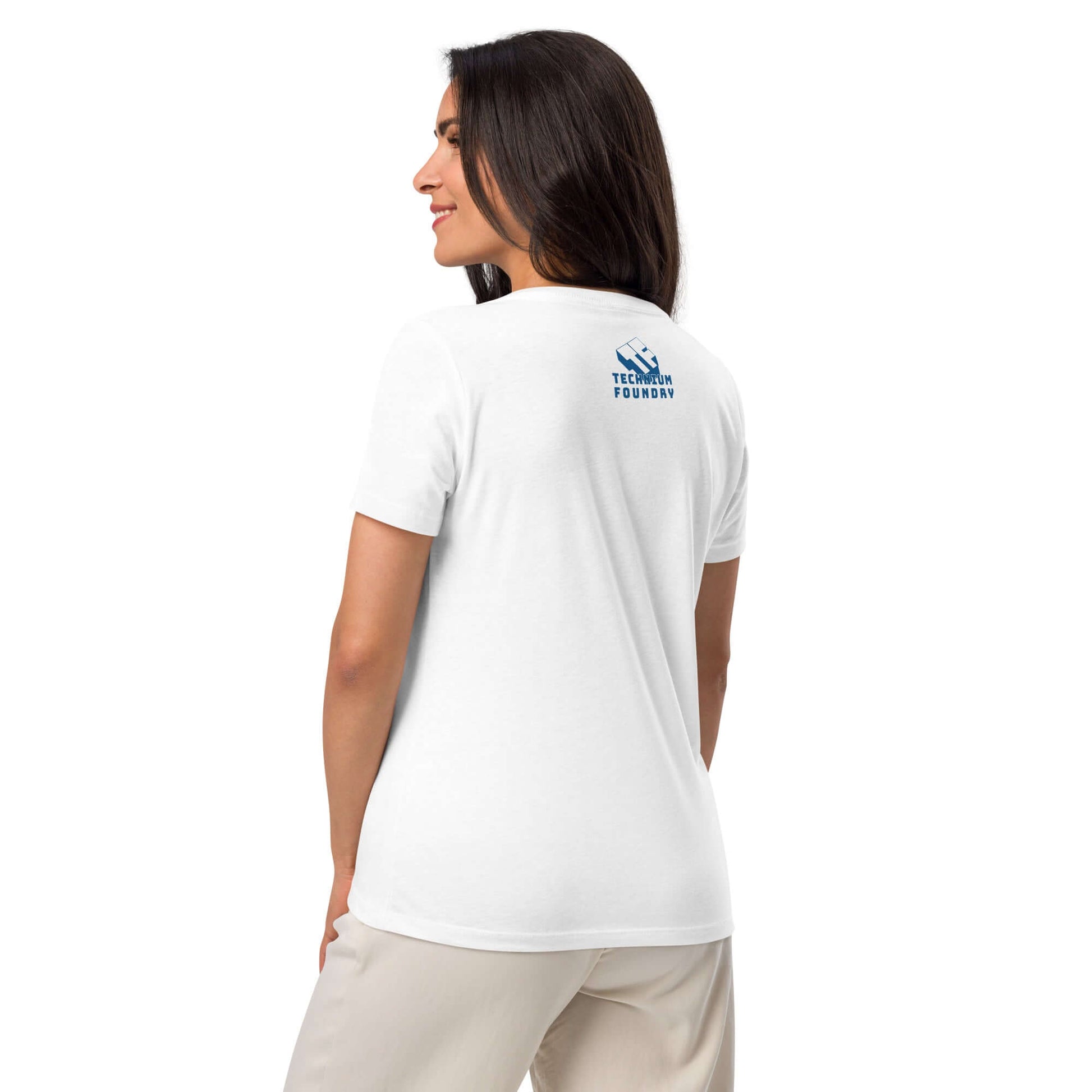 Woman wearing a white T-shirt with a blue logo on the back, shown from behind.