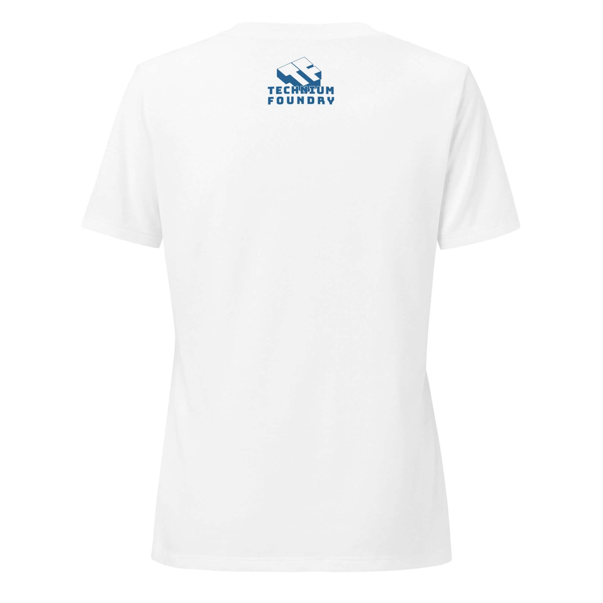 Back view of white t-shirt with 'Technikum Foundry' logo in blue on upper back.