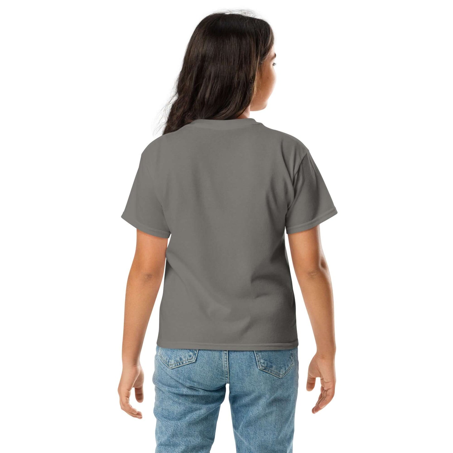 Back view of person wearing gray "I'm Reading a Book on Helium" tee with humorous chemistry design, paired with blue jeans.