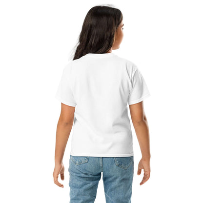 Child wearing a plain white tee and jeans, seen from behind, with long hair flowing naturally.