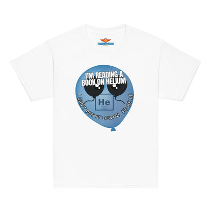 "White tee featuring helium pun with bonded balloons and text: 'I'm Reading a Book on Helium - I Can't Put It Down!'"